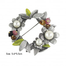 Flowered Round with Pearl Brooch